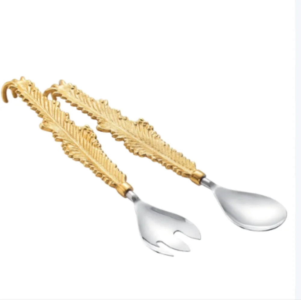Gute Spoon Fork 2 Pieces Salad Server Gold Feather Leaf Design Set